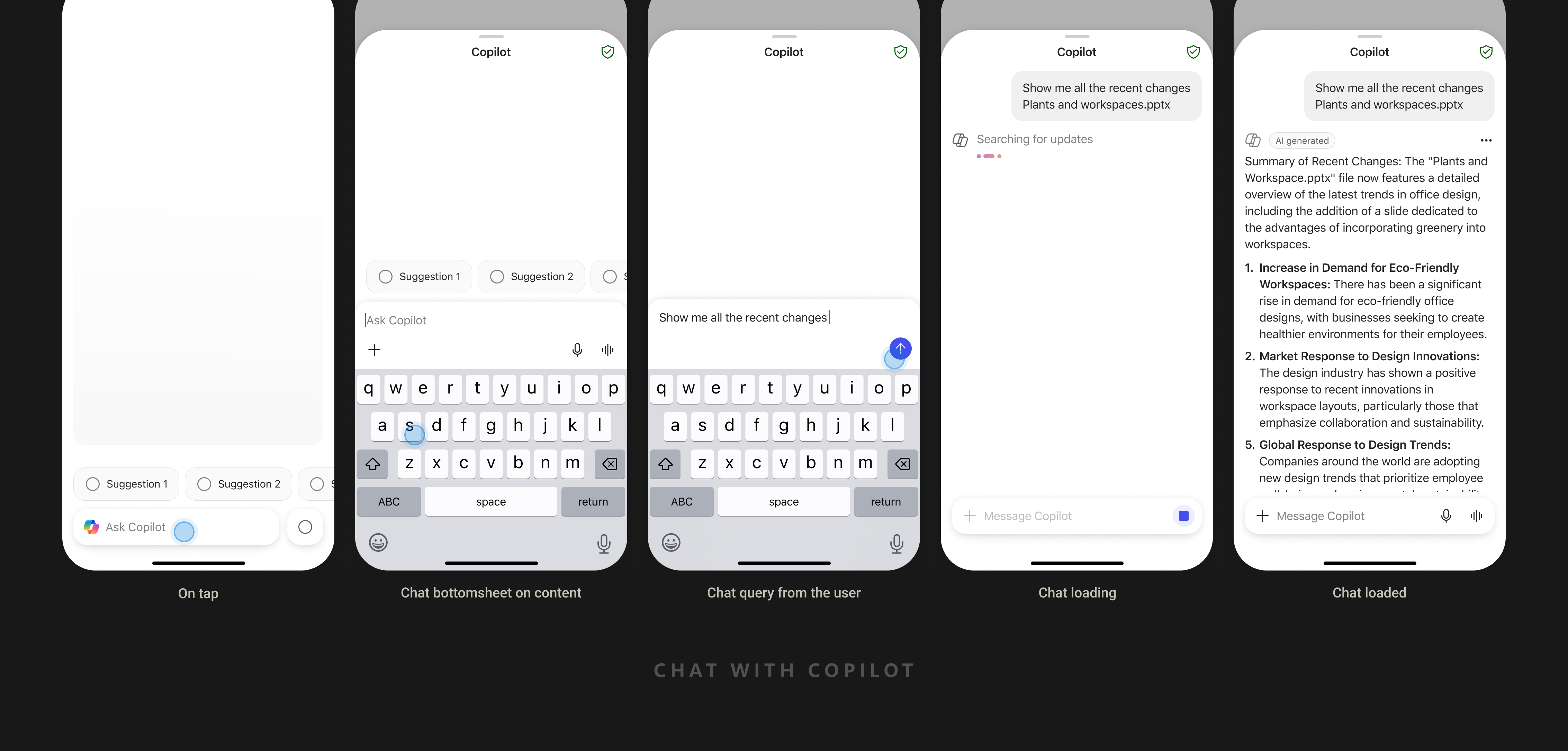 Chat with Copilot — flow from tap to loaded response, dark mode