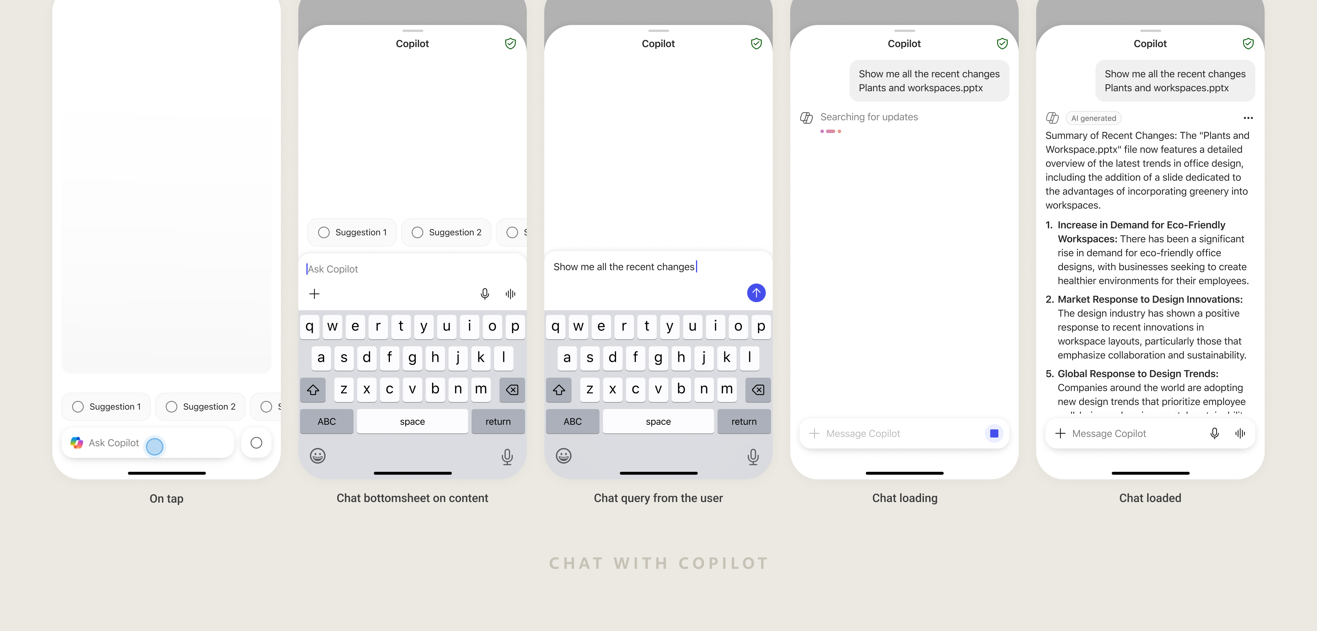 Chat with Copilot — flow from tap to loaded response, light mode