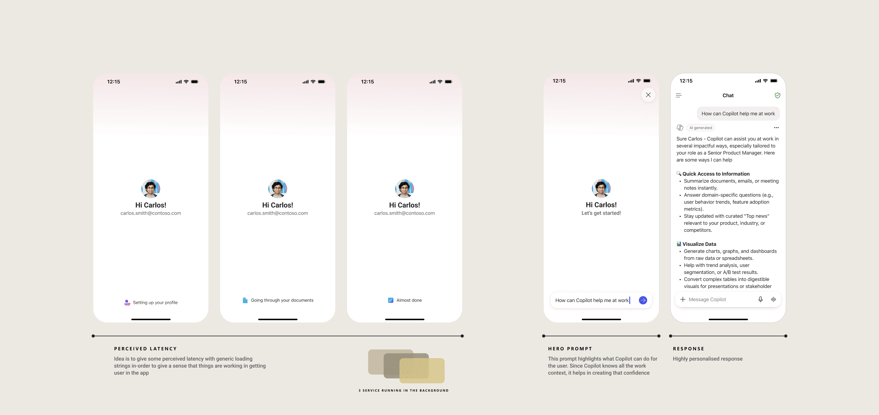 First-run flow — perceived latency, hero prompt, response