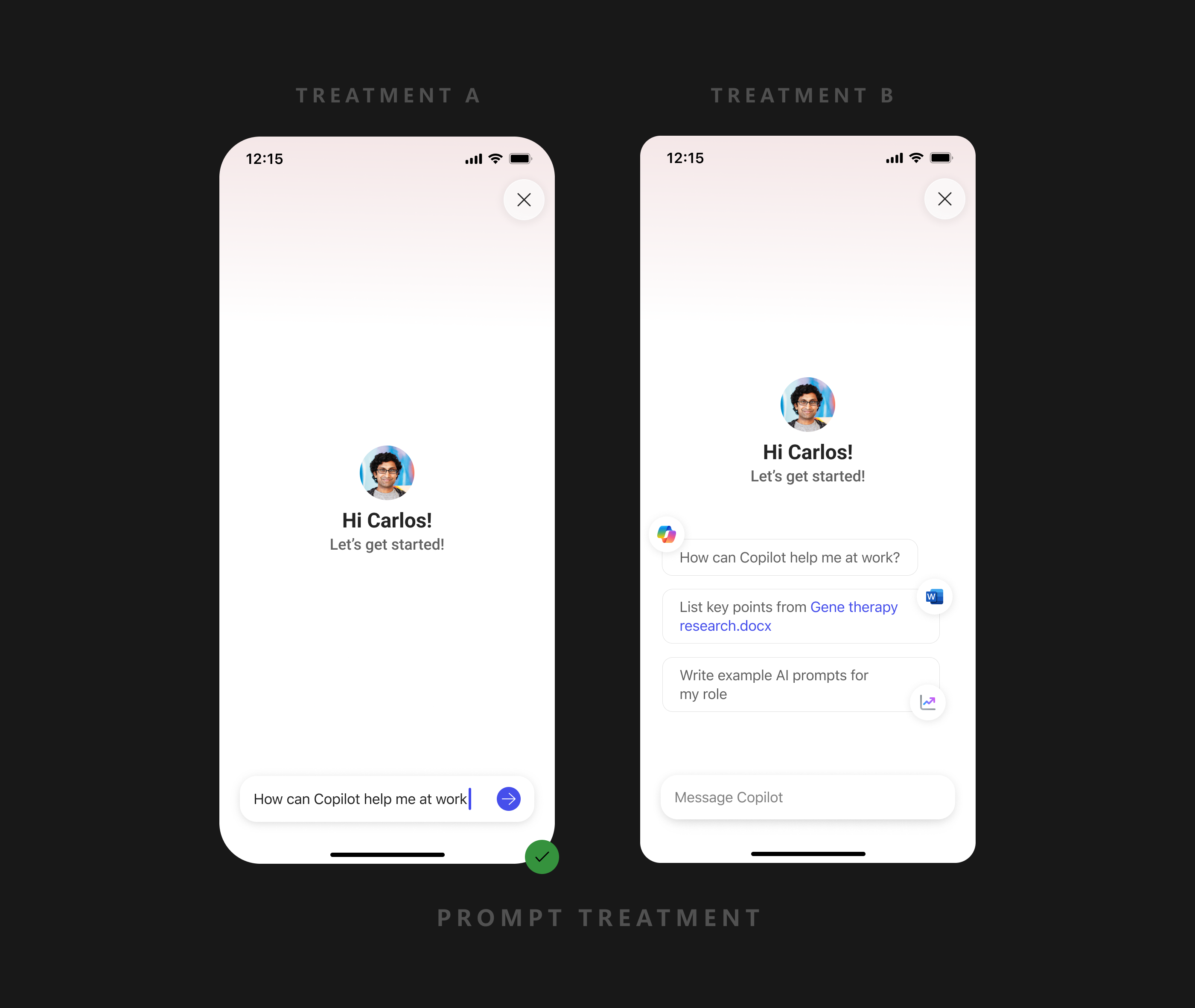 Treatment A and Treatment B onboarding designs — dark mode
