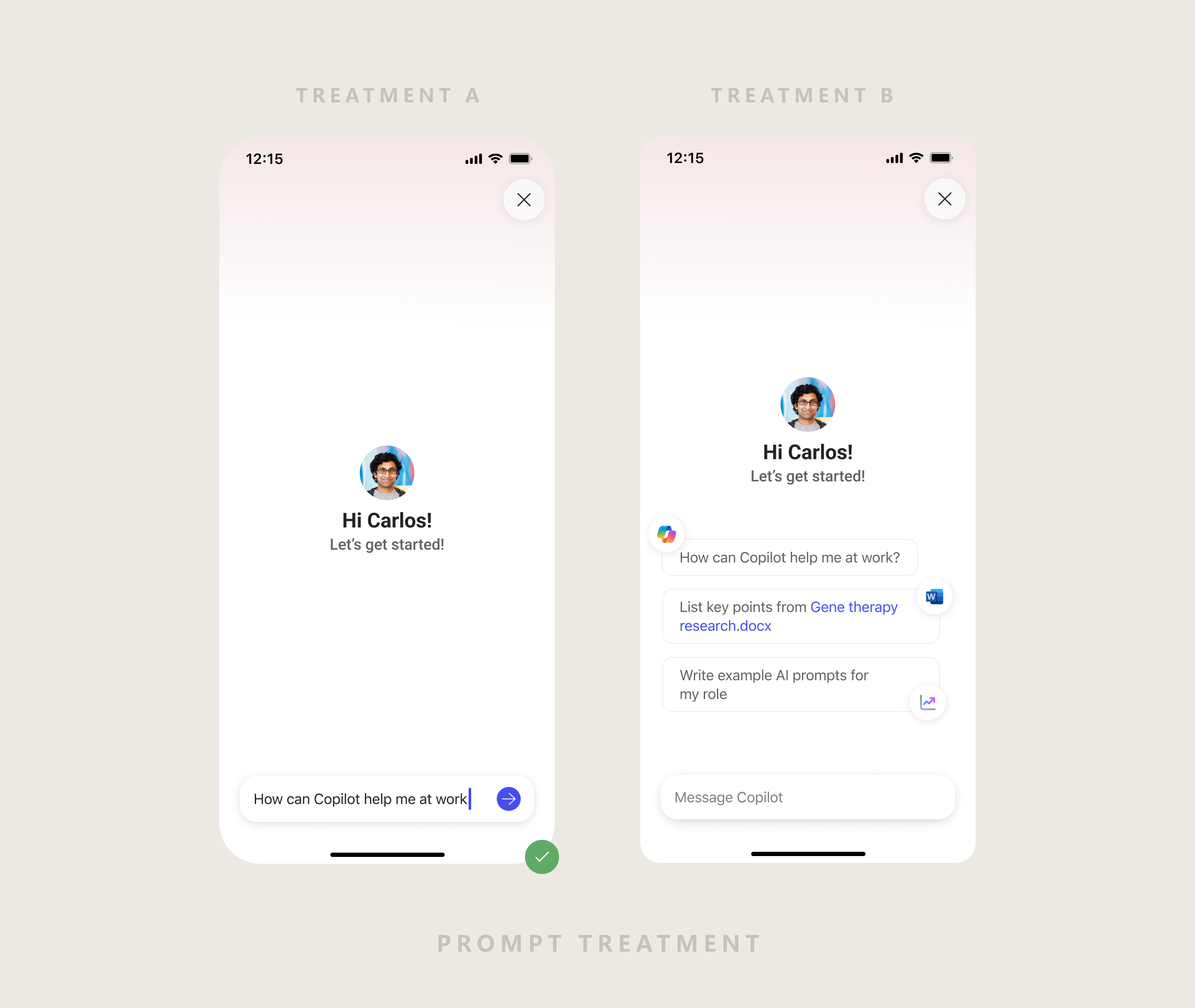 Treatment A and Treatment B onboarding designs — light mode